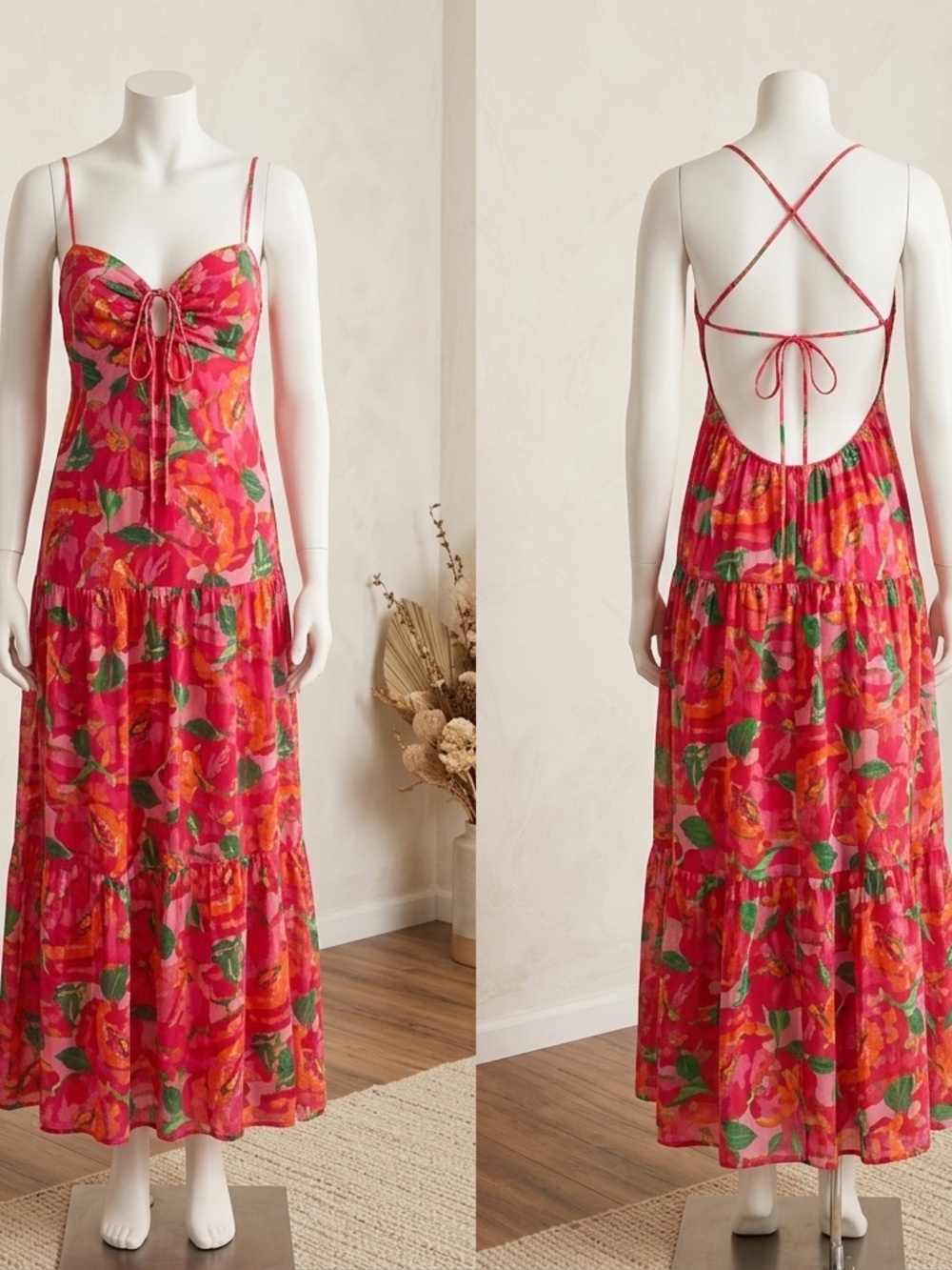 Crystal Doll Coral and Green Floral Maxi Dress